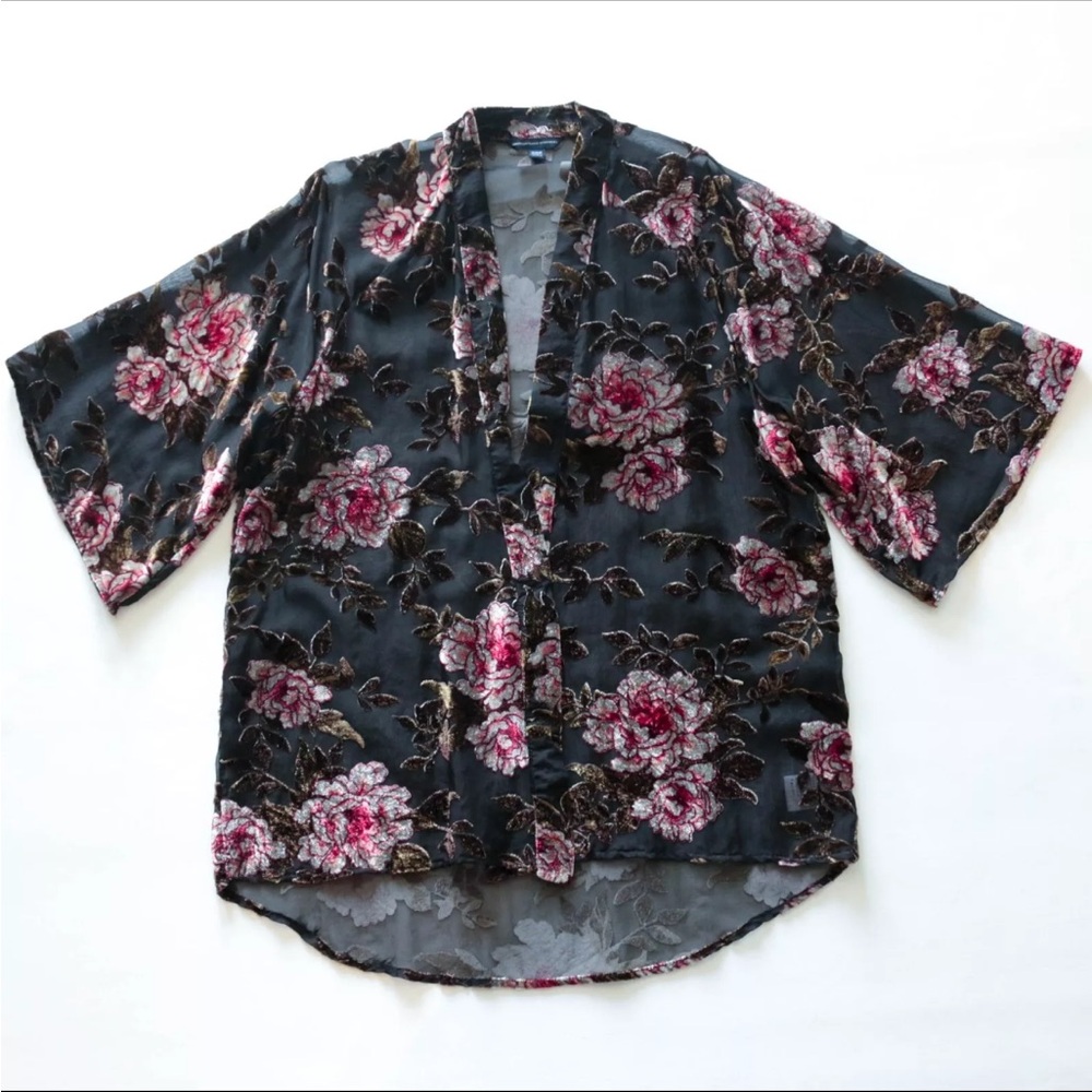 American Eagle Outfitters Size XS 3/4 Sleeve Velour Pink Floral Mesh Open Top
